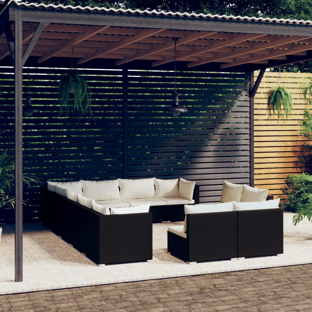 12 Piece Garden Lounge Set with Cushions Black Poly Rattan