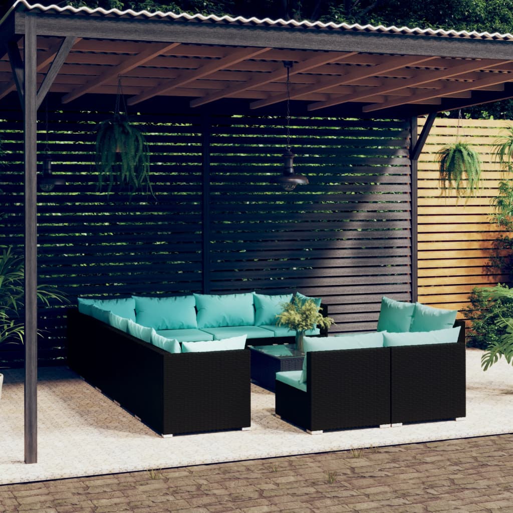 13 Piece Garden Lounge Set with Cushions Black Poly Rattan