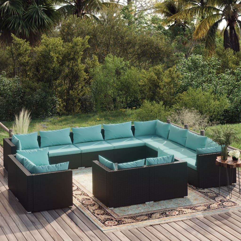 12 Piece Garden Lounge Set with Cushions Black Poly Rattan