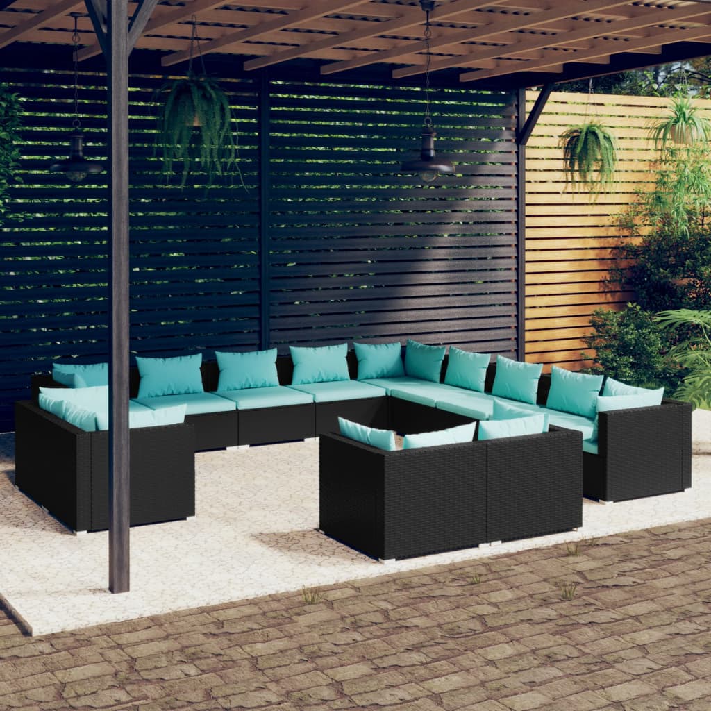 13 Piece Garden Lounge Set with Cushions Black Poly Rattan