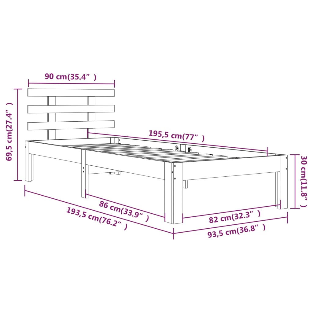 Bed Frame without Mattress Grey 90x190 cm