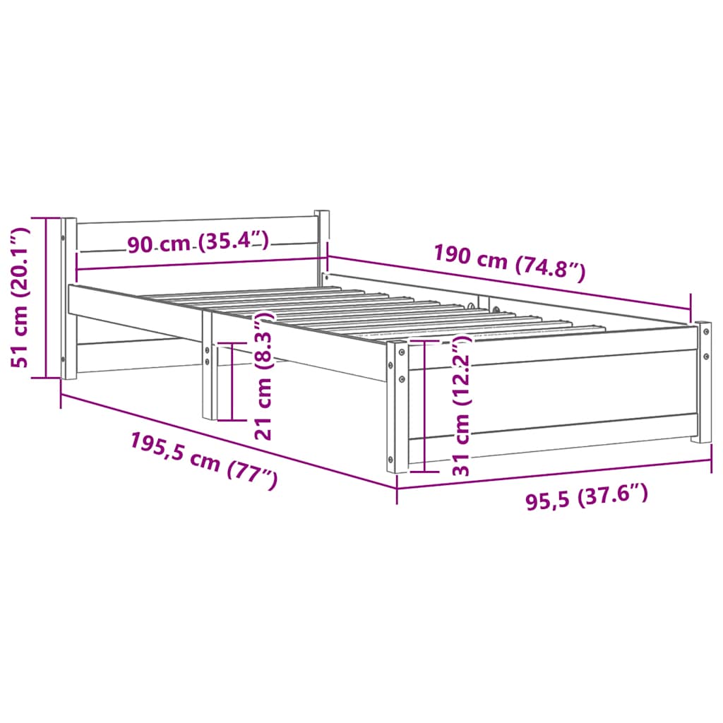 Bed Frame without Mattress Grey Solid Wood 90x190 cm