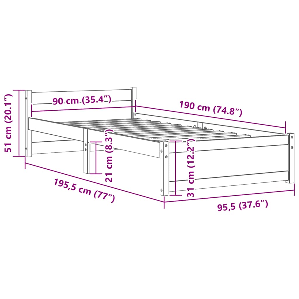 Bed Frame without Mattress Honey Brown Solid Wood 90x190 cm