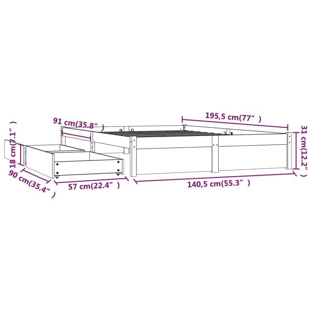 Bed Frame without Mattress with Drawers Black 135x190 cm