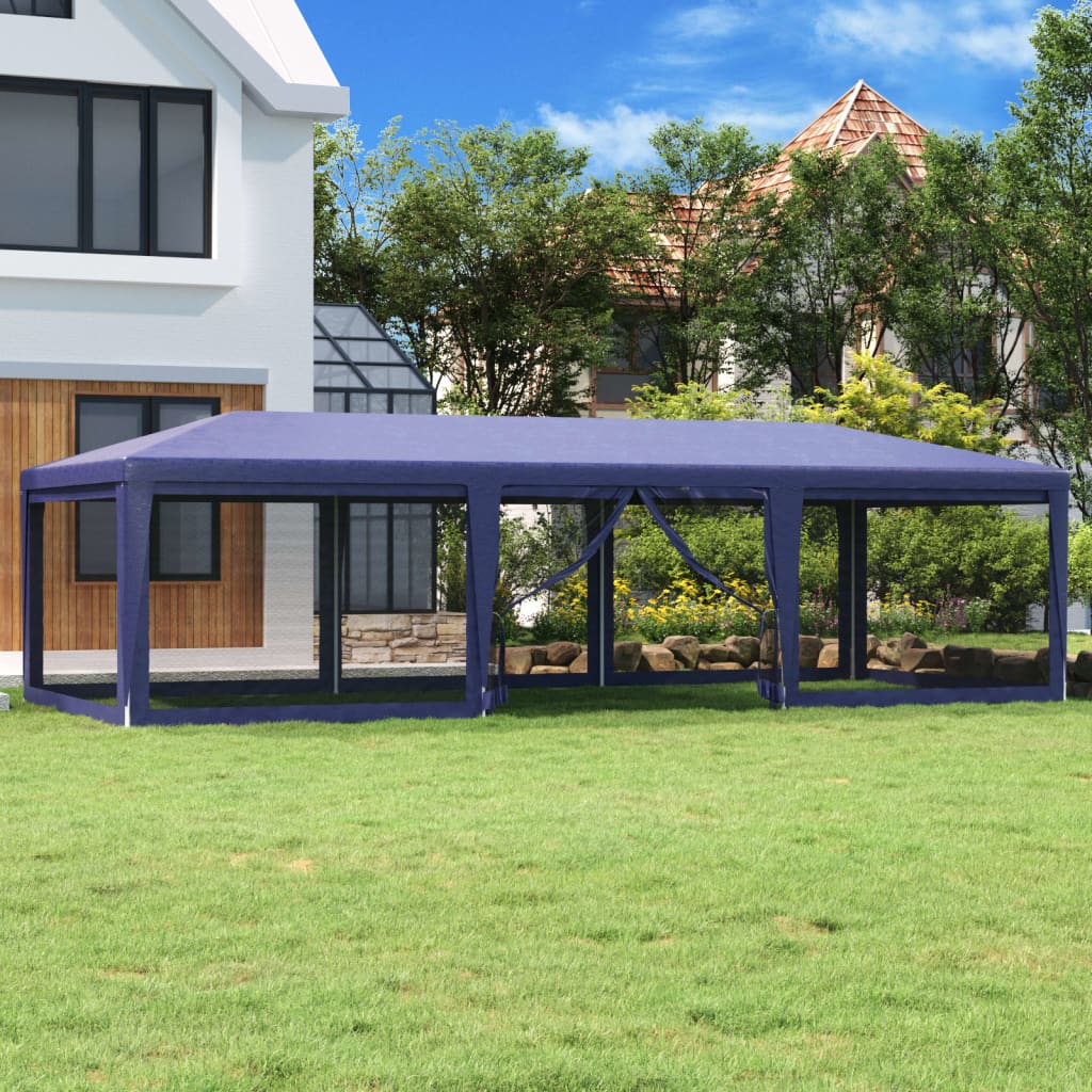 Party Tent with 8 Mesh Sidewalls Blue 9x4 m HDPE
