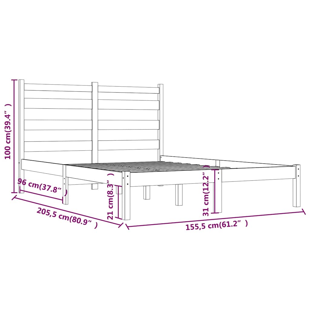 Bed Frame without Mattress Black Solid Wood Pine 150x200 cm