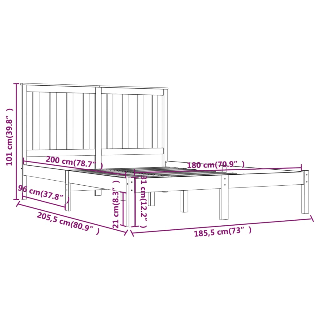 Bed Frame without Mattress Black Solid Wood 183x203 cm King