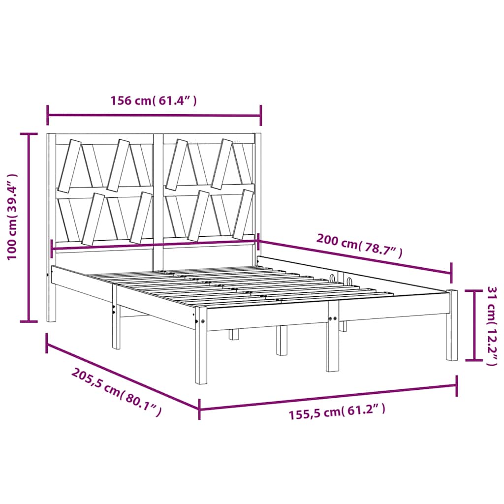 Bed Frame without Mattress Black Solid Wood Pine 150x200 cm