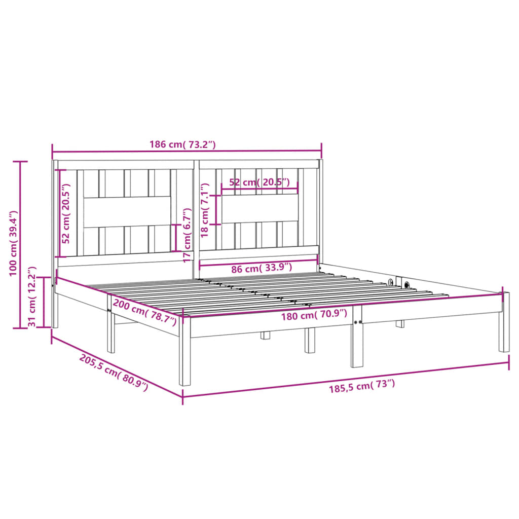 Bed Frame without Mattress Black Solid Wood 183x203 cm King