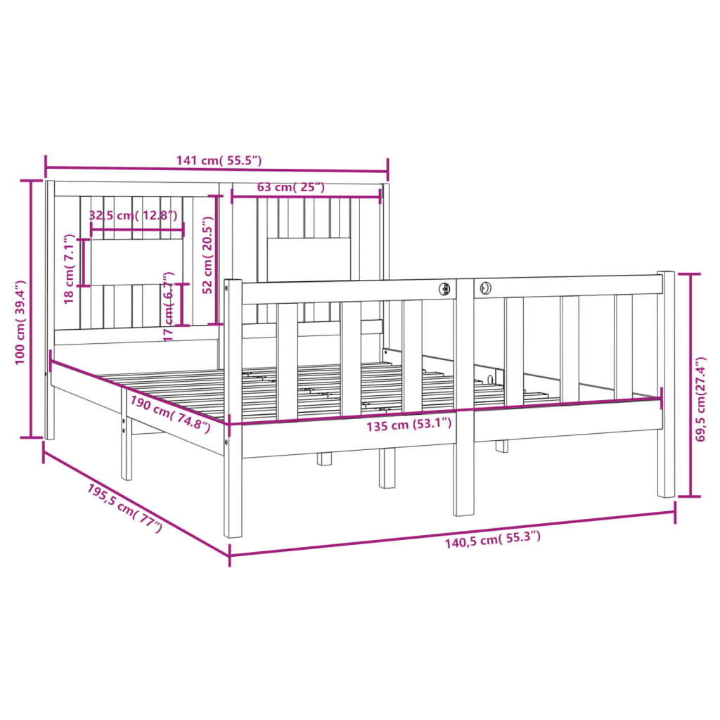 Bed Frame without Mattress Black 135x190 cm Solid Wood
