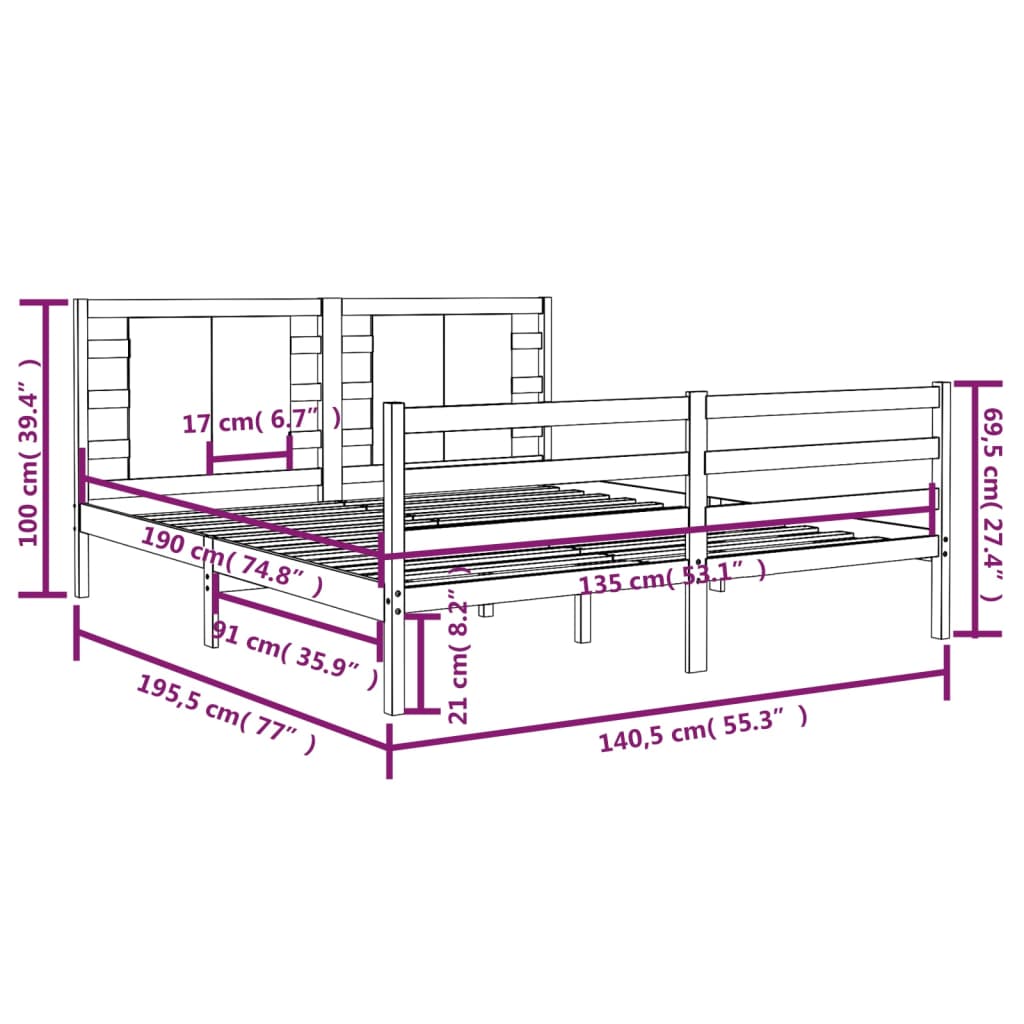 Bed Frame without Mattress Black 135x190 cm Solid Wood Pine