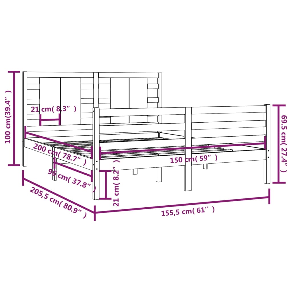 Bed Frame without Mattress Black 150x200 cm Solid Wood Pine