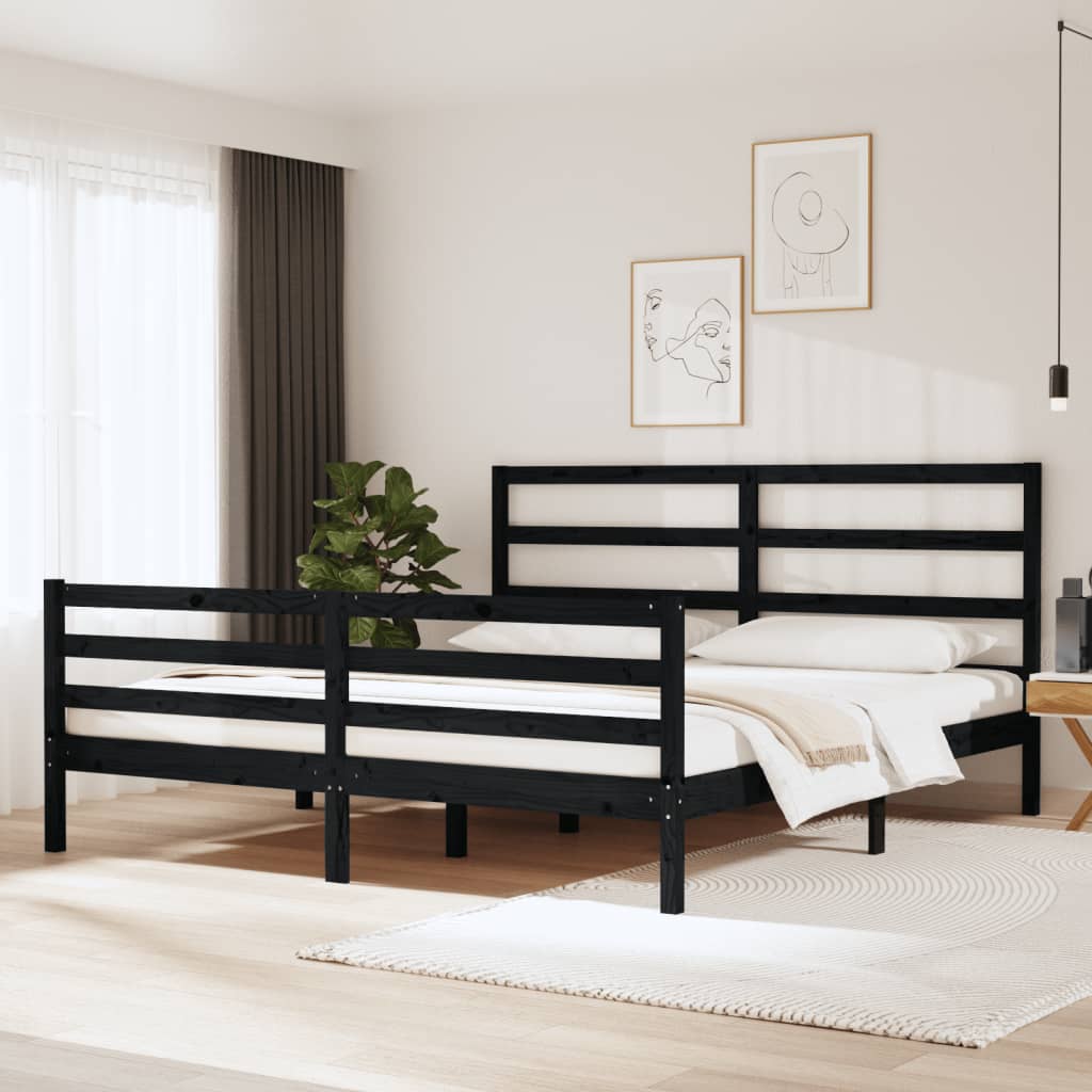Bed Frame without Mattress Black Solid Wood Pine 183x203 cm King