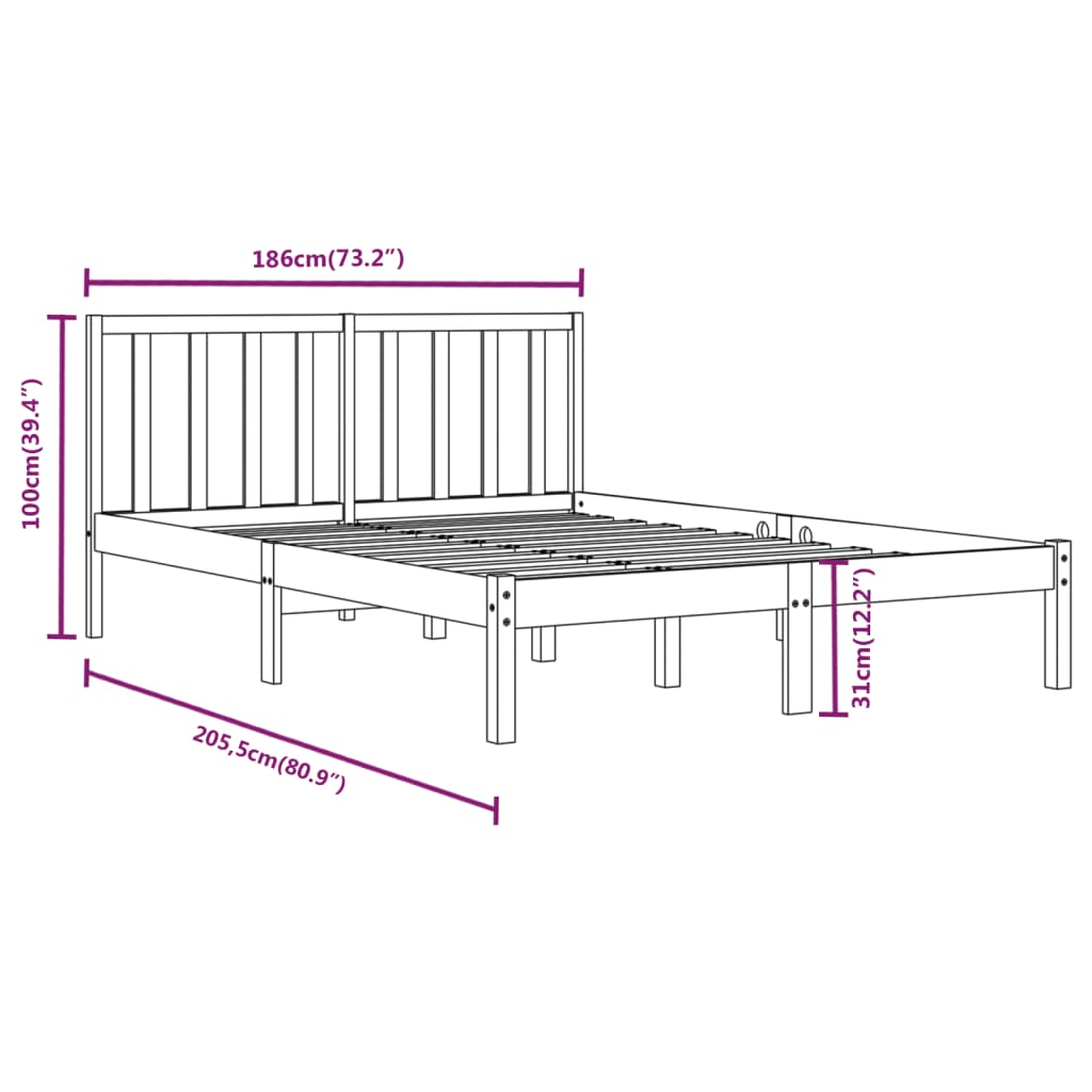 Bed Frame without Mattress Black Solid Wood Pine 183x203 cm King