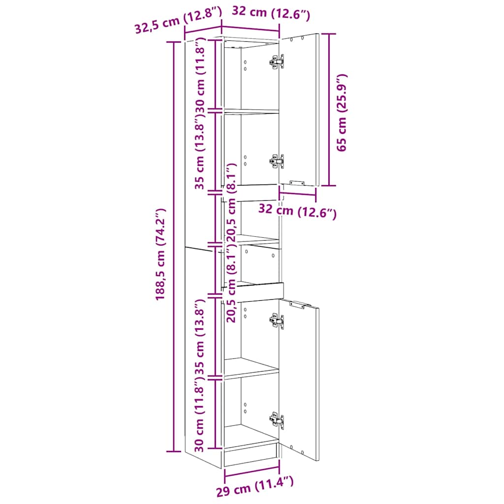 Bathroom Cabinet High Gloss White 32x34x188.5cm Engineered Wood