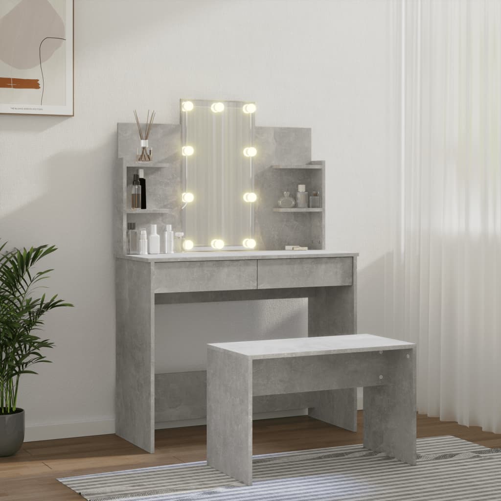Dressing Table Set with LED Concrete Grey Engineered Wood