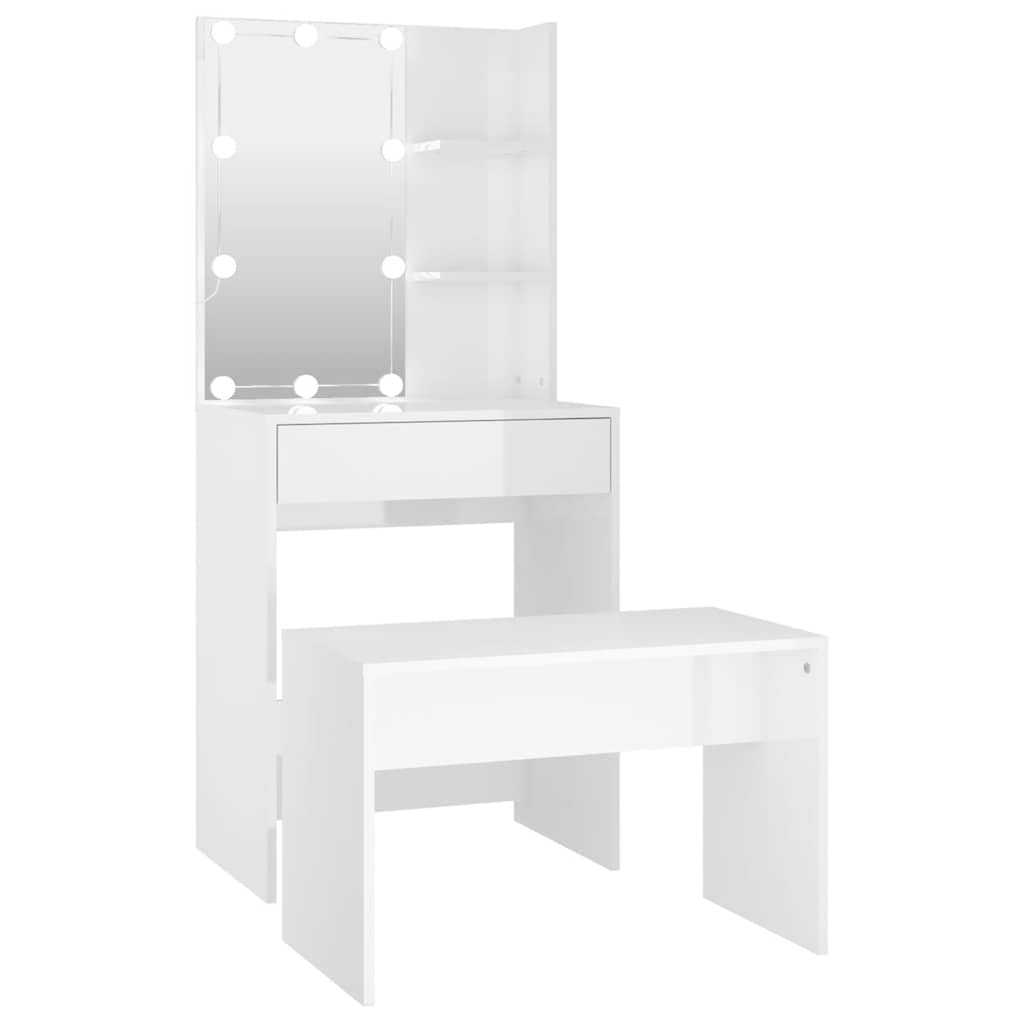 Dressing Table Set with LED High Gloss White Engineered Wood