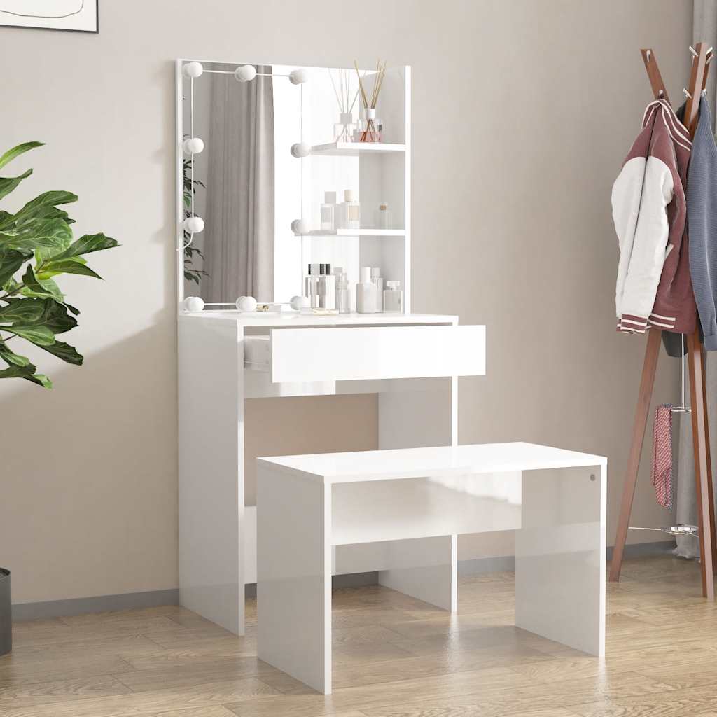 Dressing Table Set with LED High Gloss White Engineered Wood