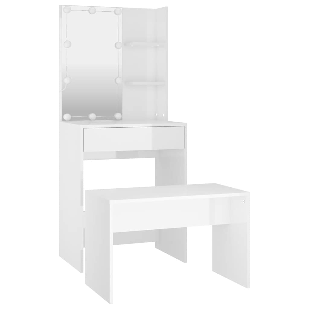 Dressing Table Set with LED High Gloss White Engineered Wood