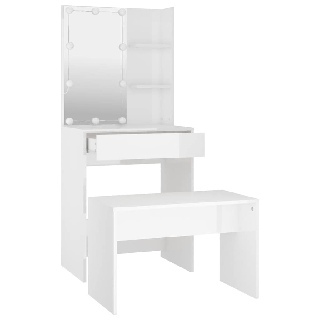 Dressing Table Set with LED High Gloss White Engineered Wood