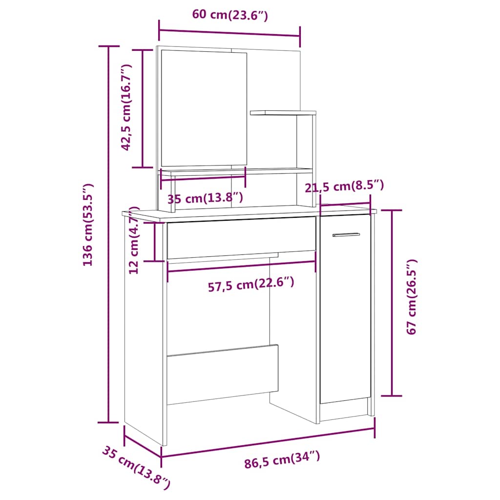 Dressing Table Set Sonoma Oak 86,5x35x136 cm