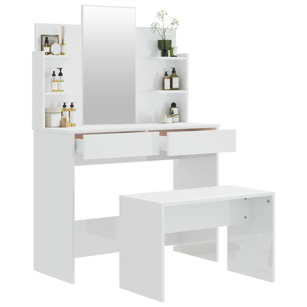 Dressing Table Set High Gloss White 96x40x142 cm