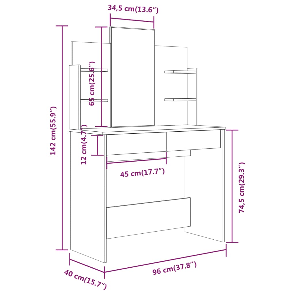 Dressing Table Set High Gloss White 96x40x142 cm