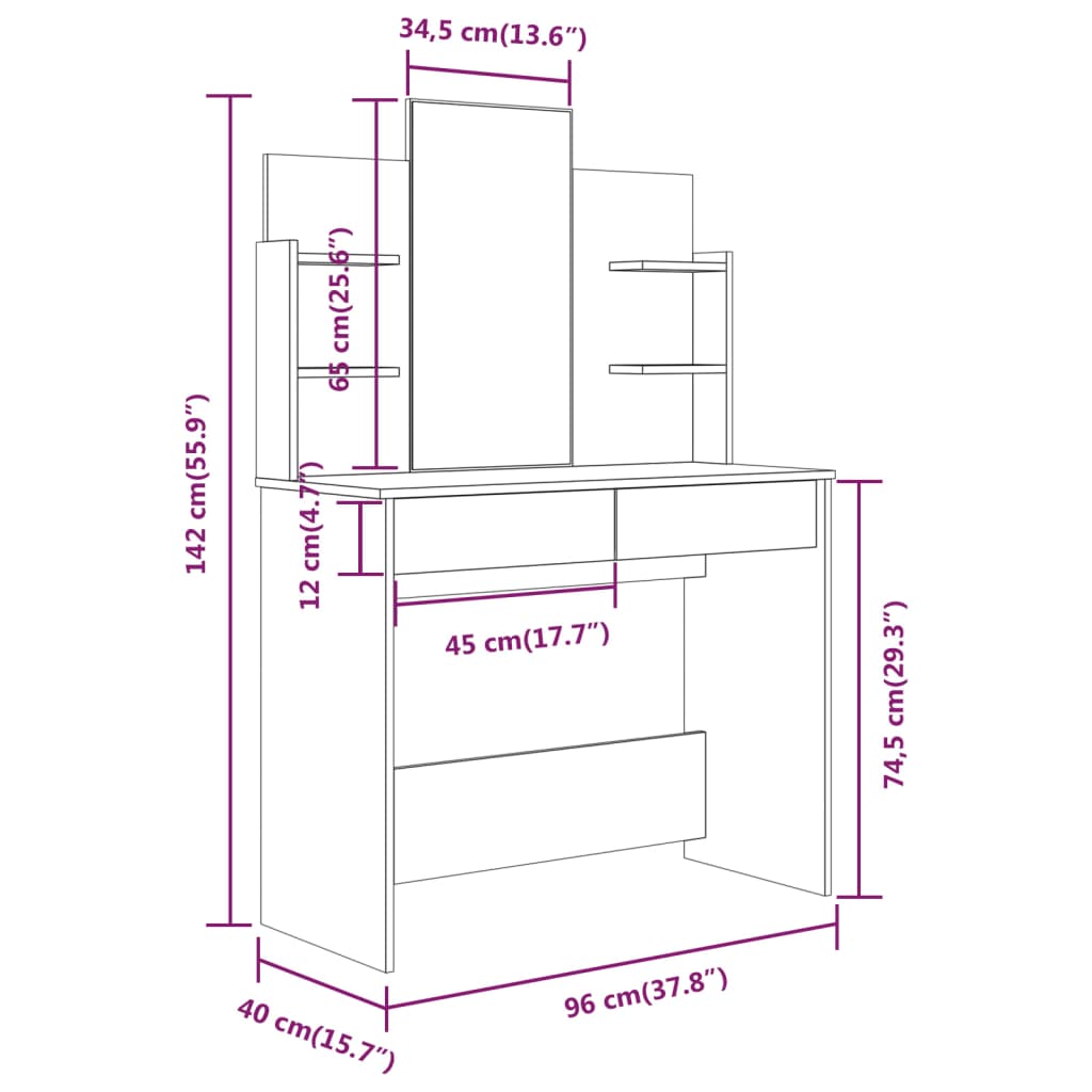 Dressing Table Set Smoked Oak 96x40x142 cm