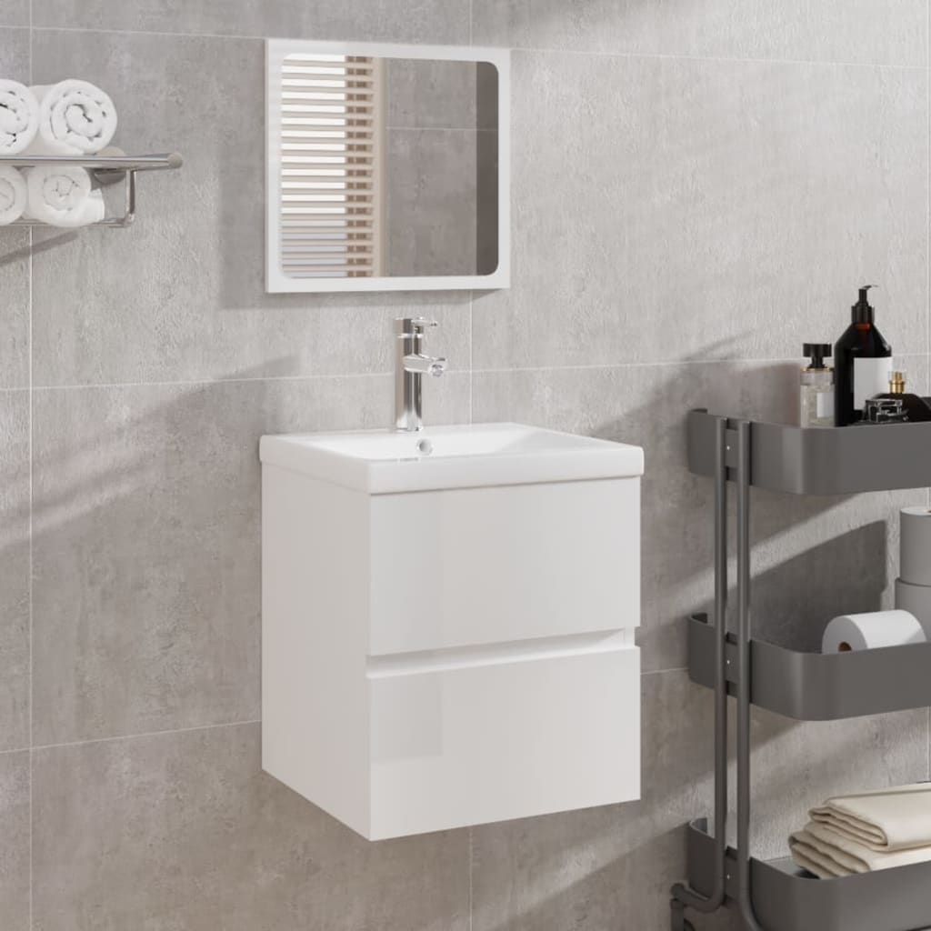 Bathroom Sink Cabinet with Basin and Mirror High Gloss White
