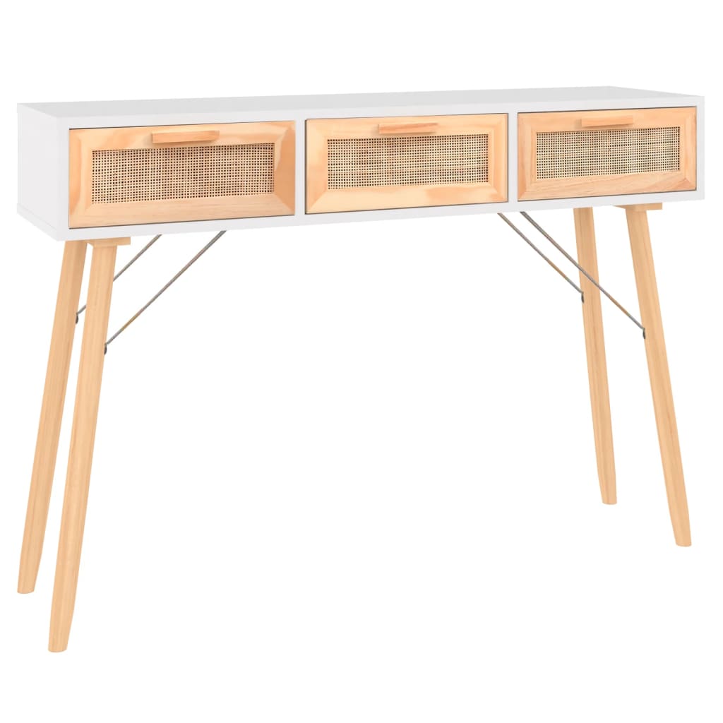 Console Table White 105x30x75 cm Solid Wood Pine&Natural Rattan