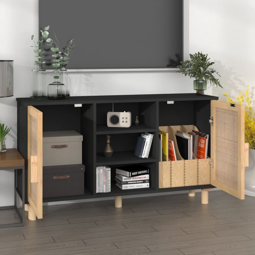 Sideboard Black 105x30x60 cm Solid Wood Pine and Natural Rattan