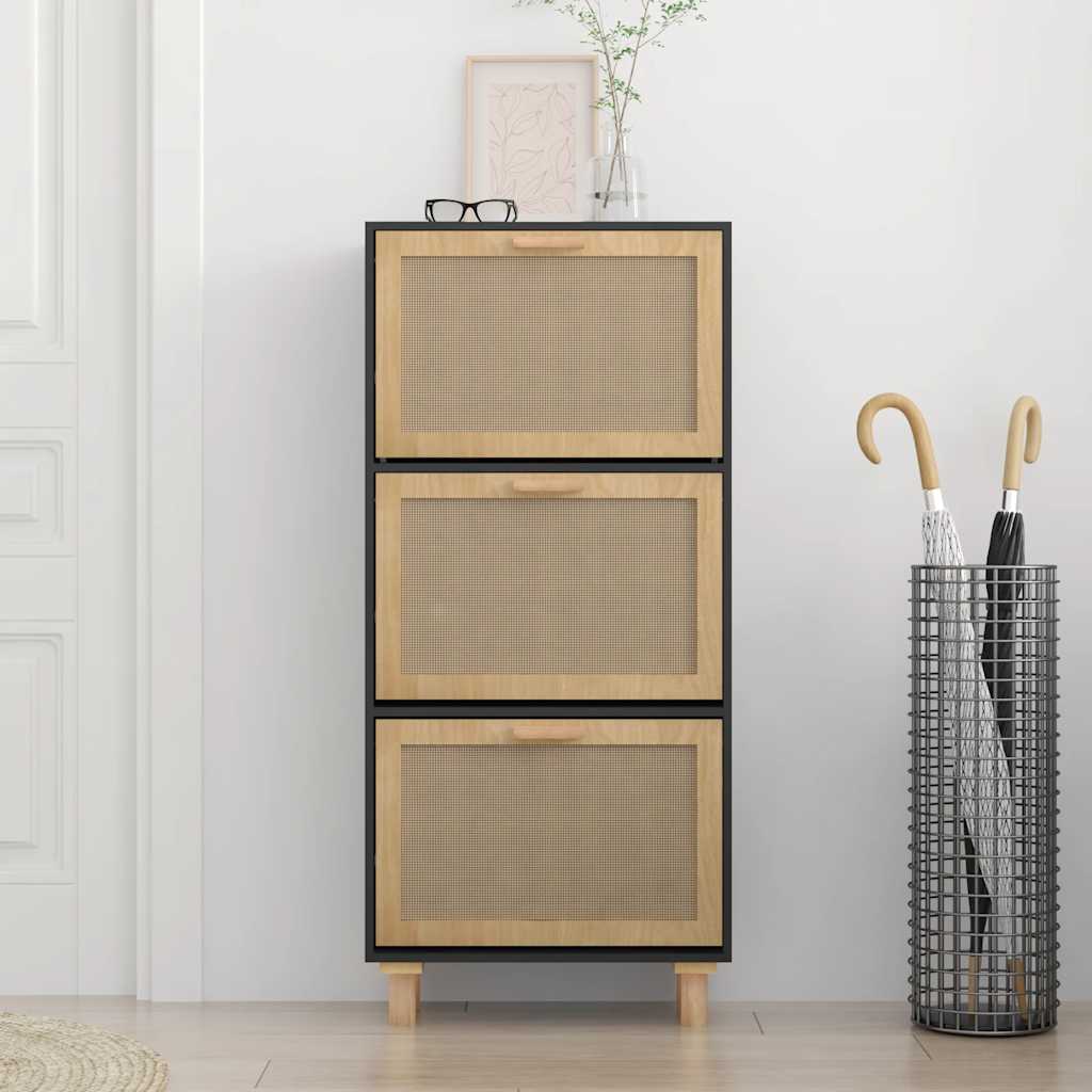 Shoe Cabinet Black 52x25x115 cm Engineered Wood and Natural Rattan