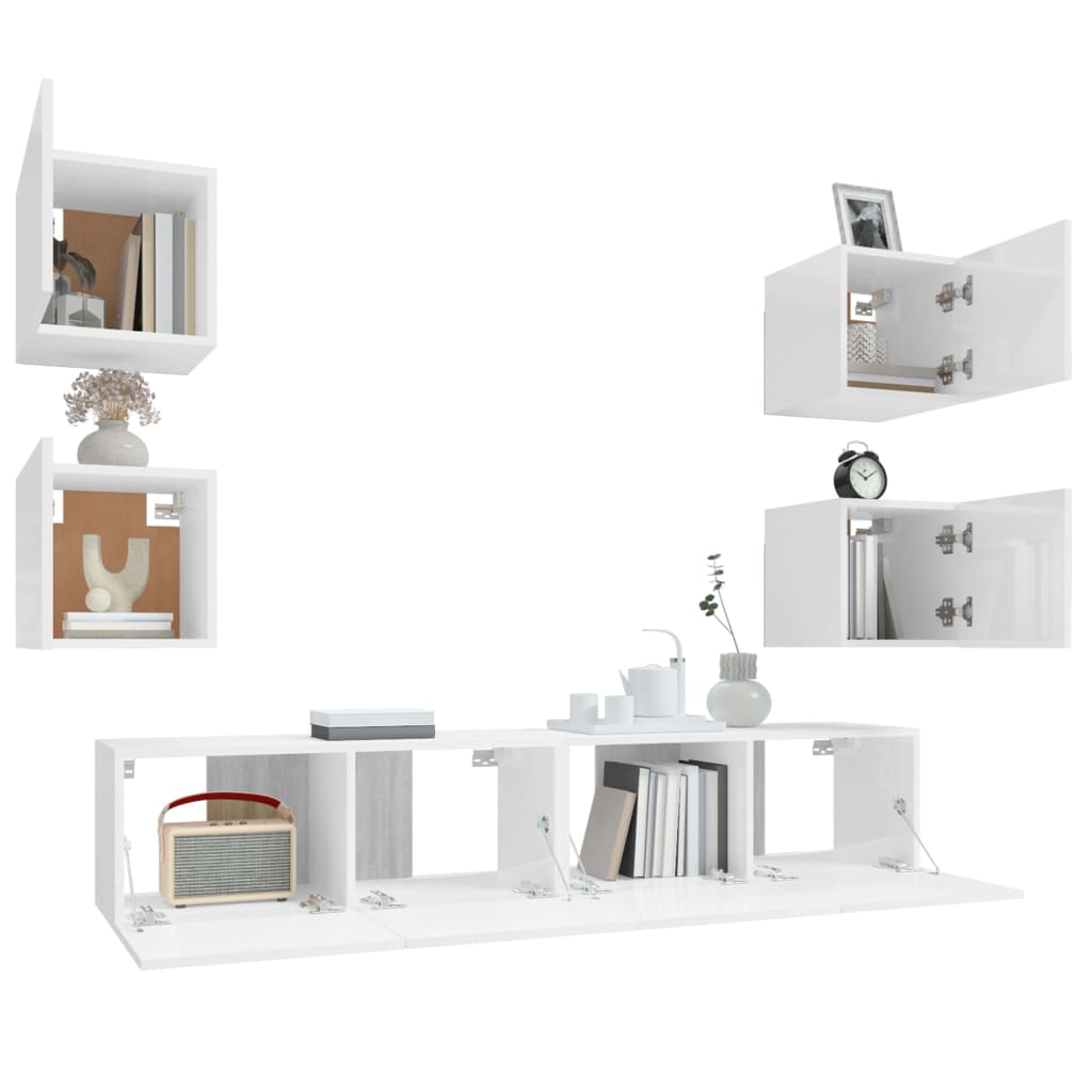 6 Piece TV Cabinet Set High Gloss White Engineered Wood