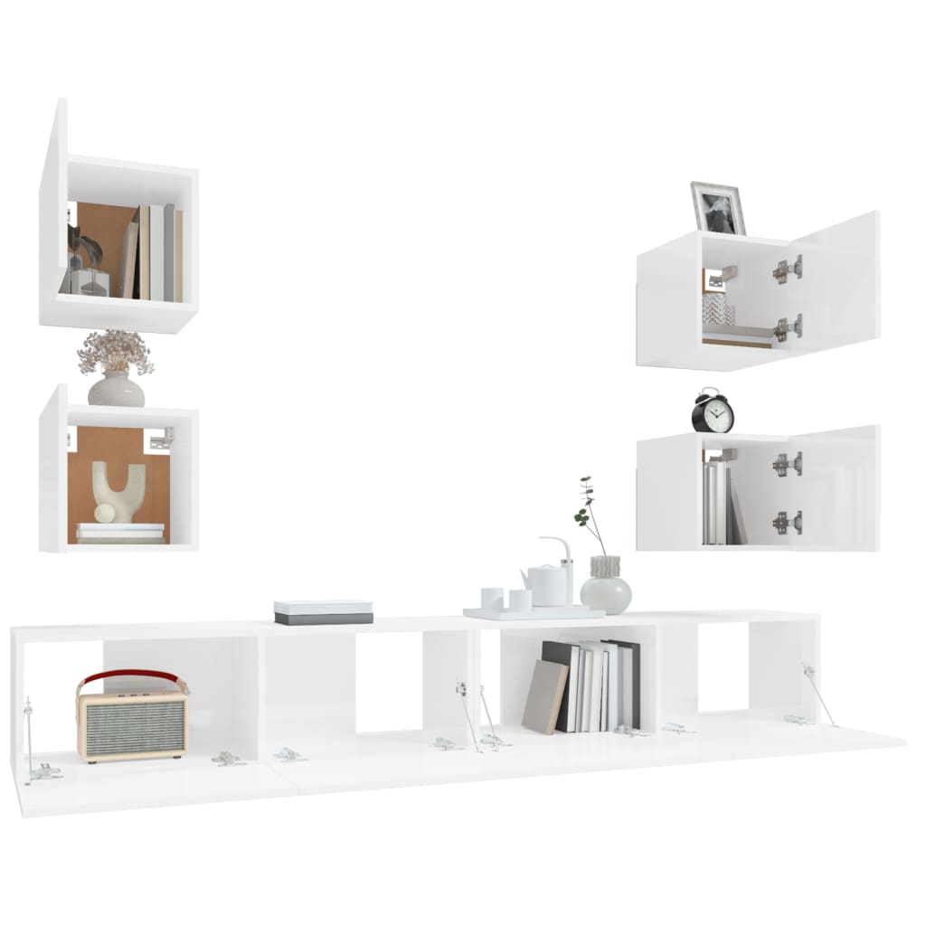 6 Piece TV Cabinet Set High Gloss White Engineered Wood