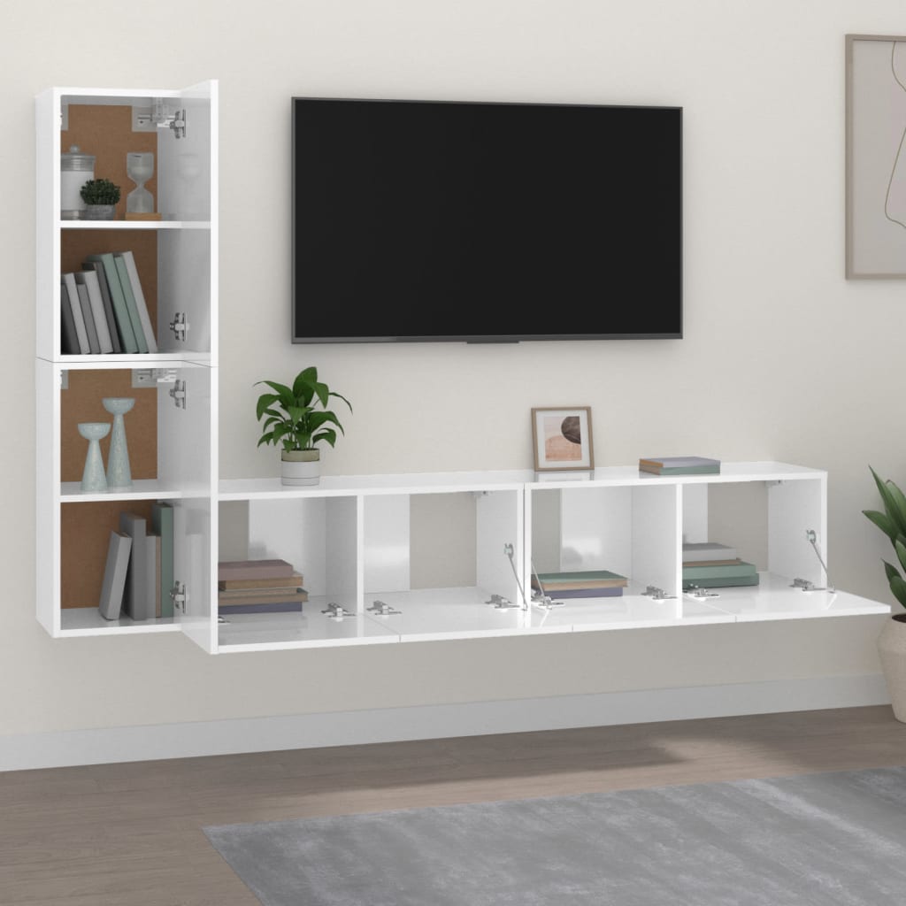 4 Piece TV Cabinet Set High Gloss White Engineered Wood