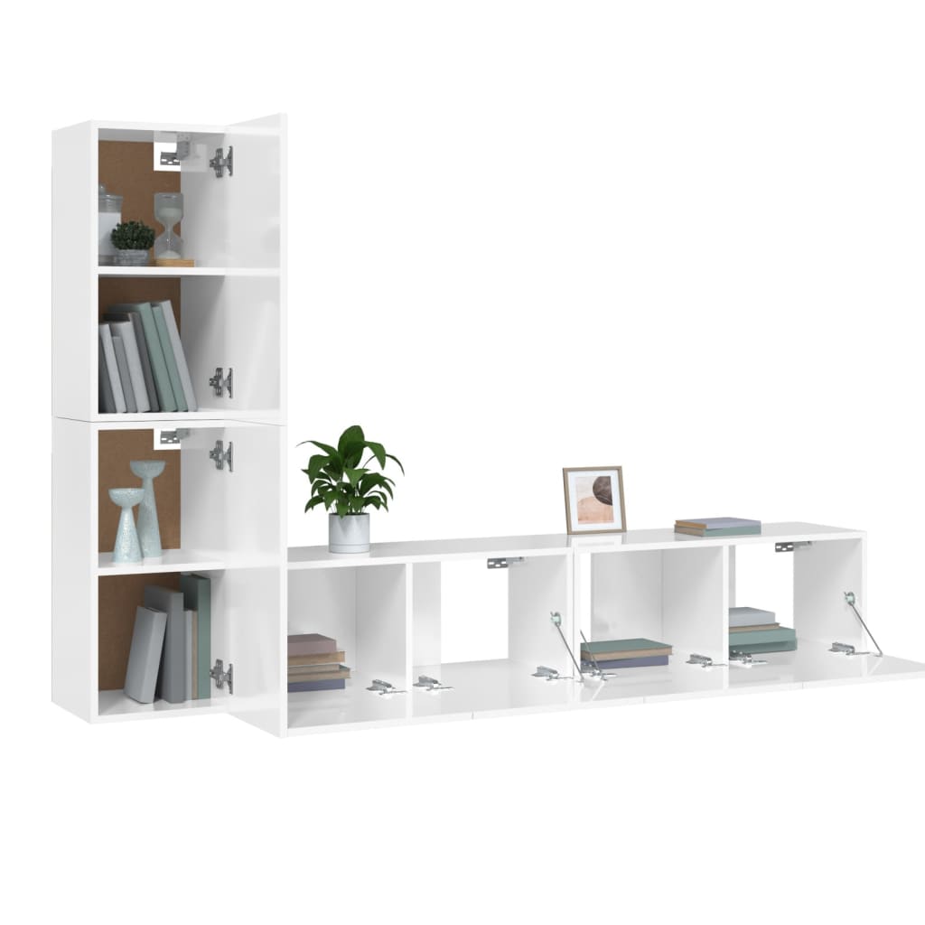 4 Piece TV Cabinet Set High Gloss White Engineered Wood