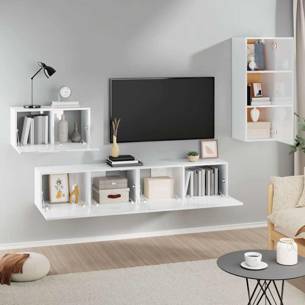 4 Piece TV Cabinet Set High Gloss White Engineered Wood
