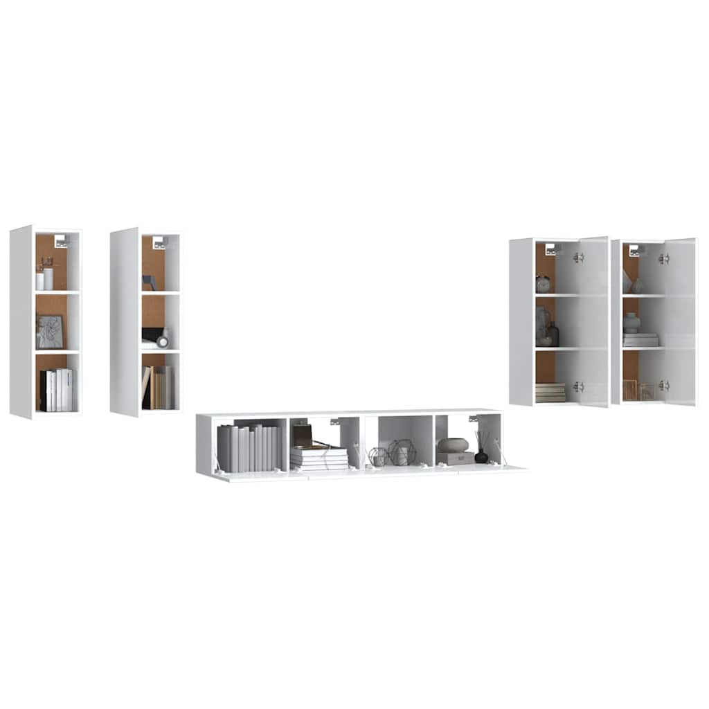 6 Piece TV Cabinet Set High Gloss White Engineered Wood