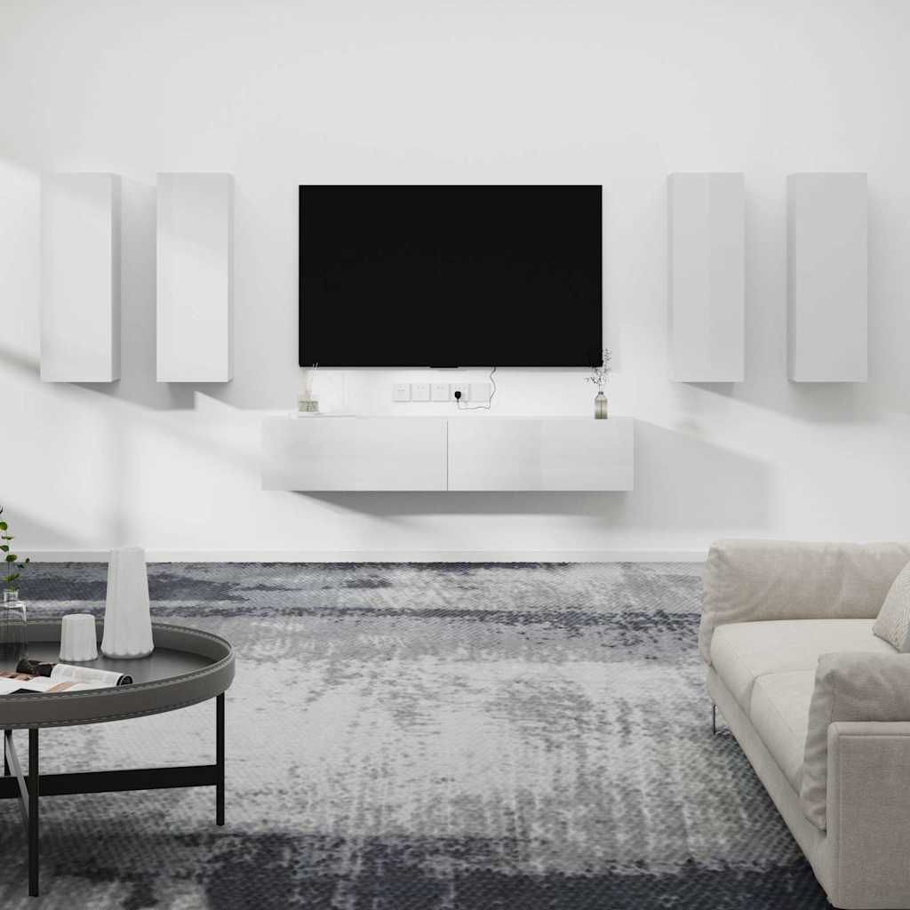 6 Piece TV Cabinet Set High Gloss White Engineered Wood