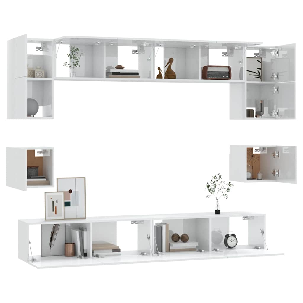 8 Piece TV Cabinet Set High Gloss White Engineered Wood