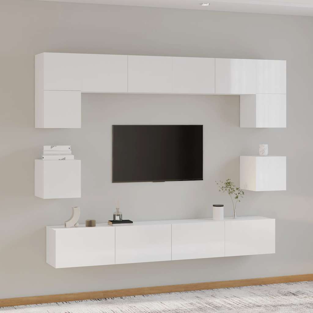 8 Piece TV Cabinet Set High Gloss White Engineered Wood