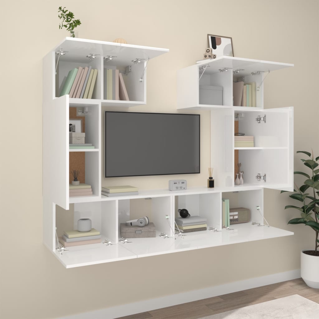6 Piece TV Cabinet Set High Gloss White Engineered Wood