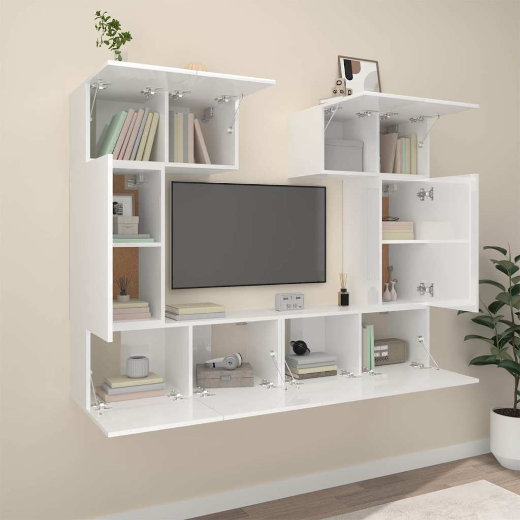 6 Piece TV Cabinet Set High Gloss White Engineered Wood