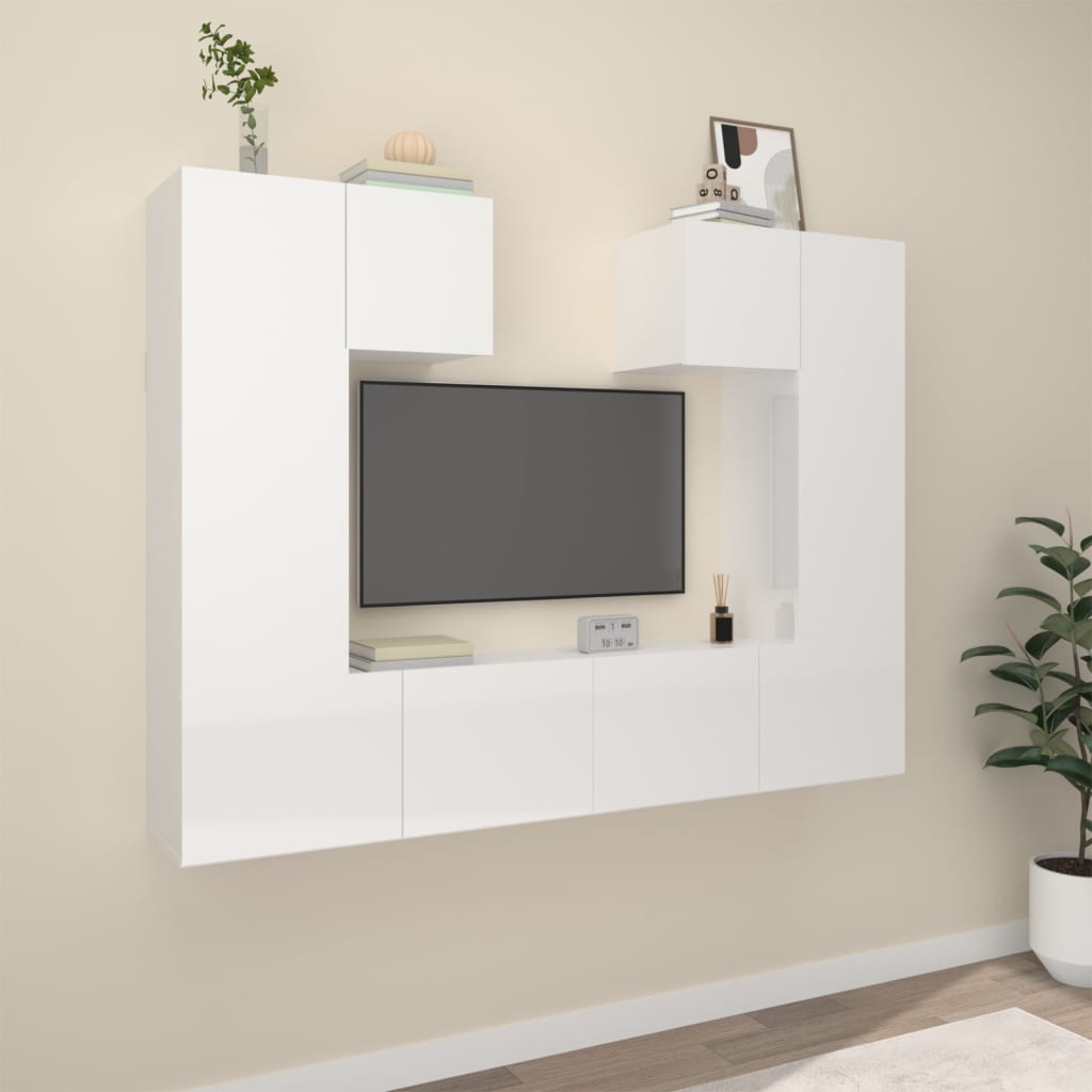 6 Piece TV Cabinet Set High Gloss White Engineered Wood