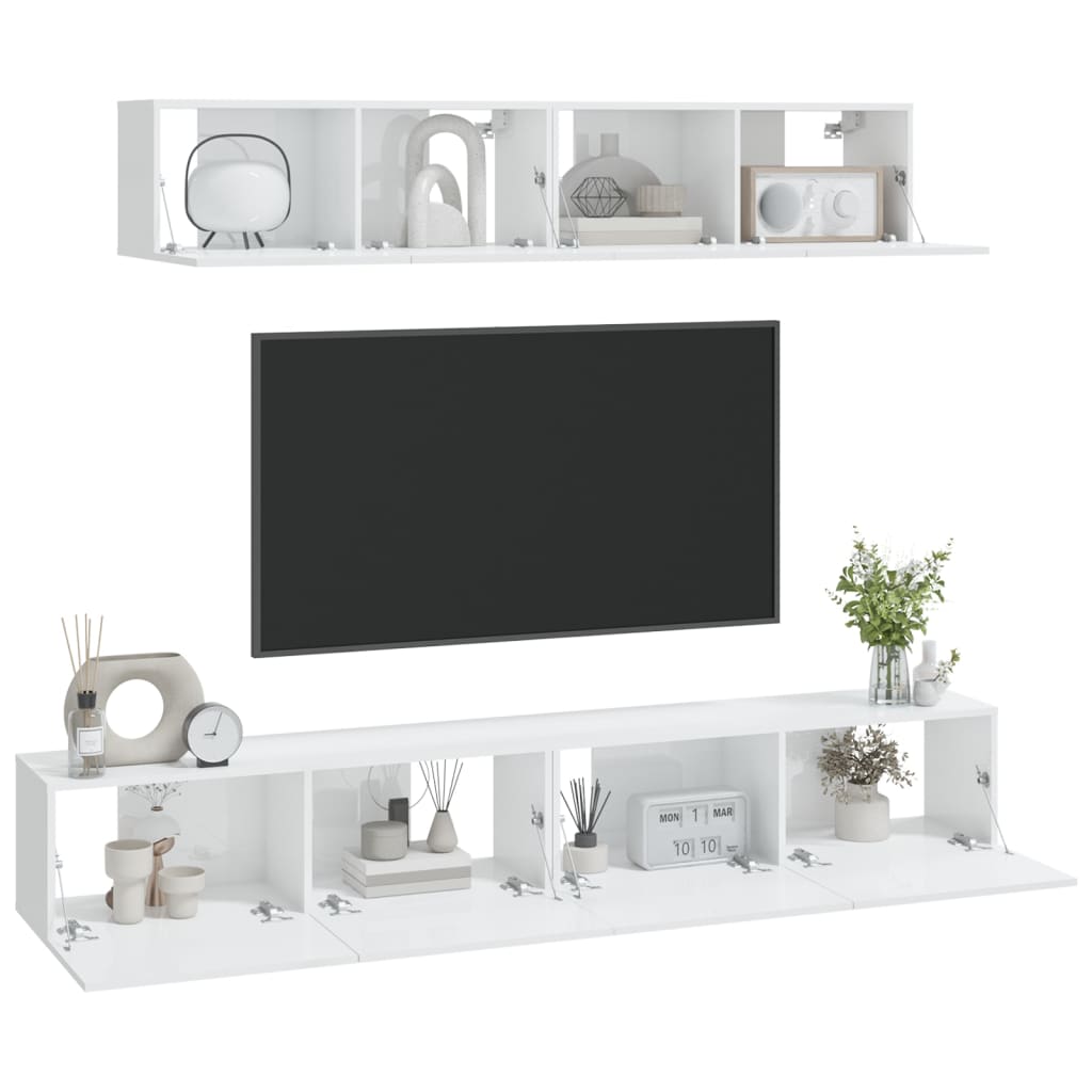 4 Piece TV Cabinet Set High Gloss White Engineered Wood