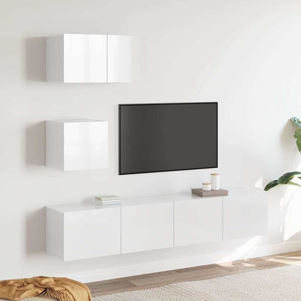 4 Piece TV Cabinet Set High Gloss White Engineered Wood