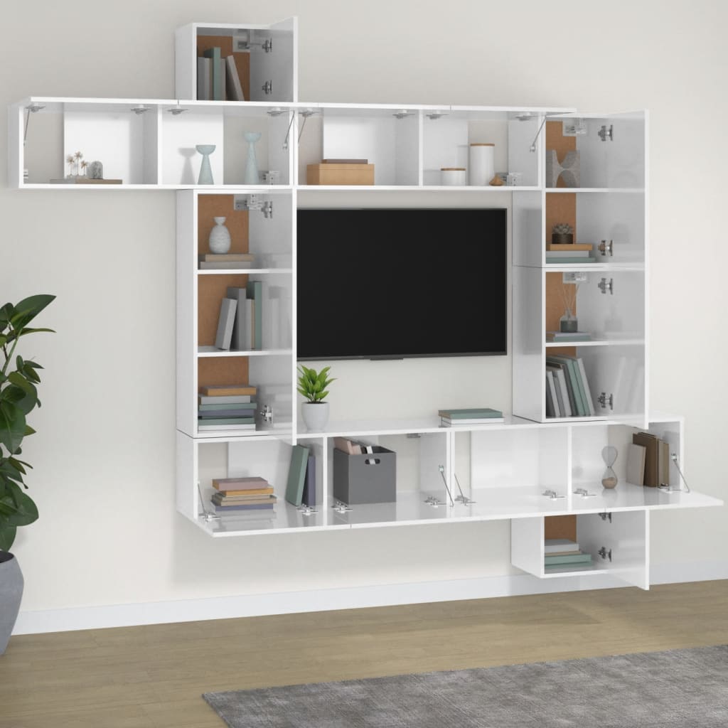 9 Piece TV Cabinet Set High Gloss White Engineered Wood