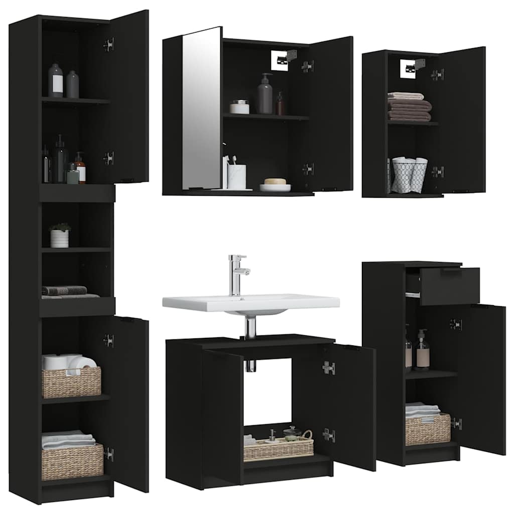 5 Piece Bathroom Cabinet Set Black Engineered Wood