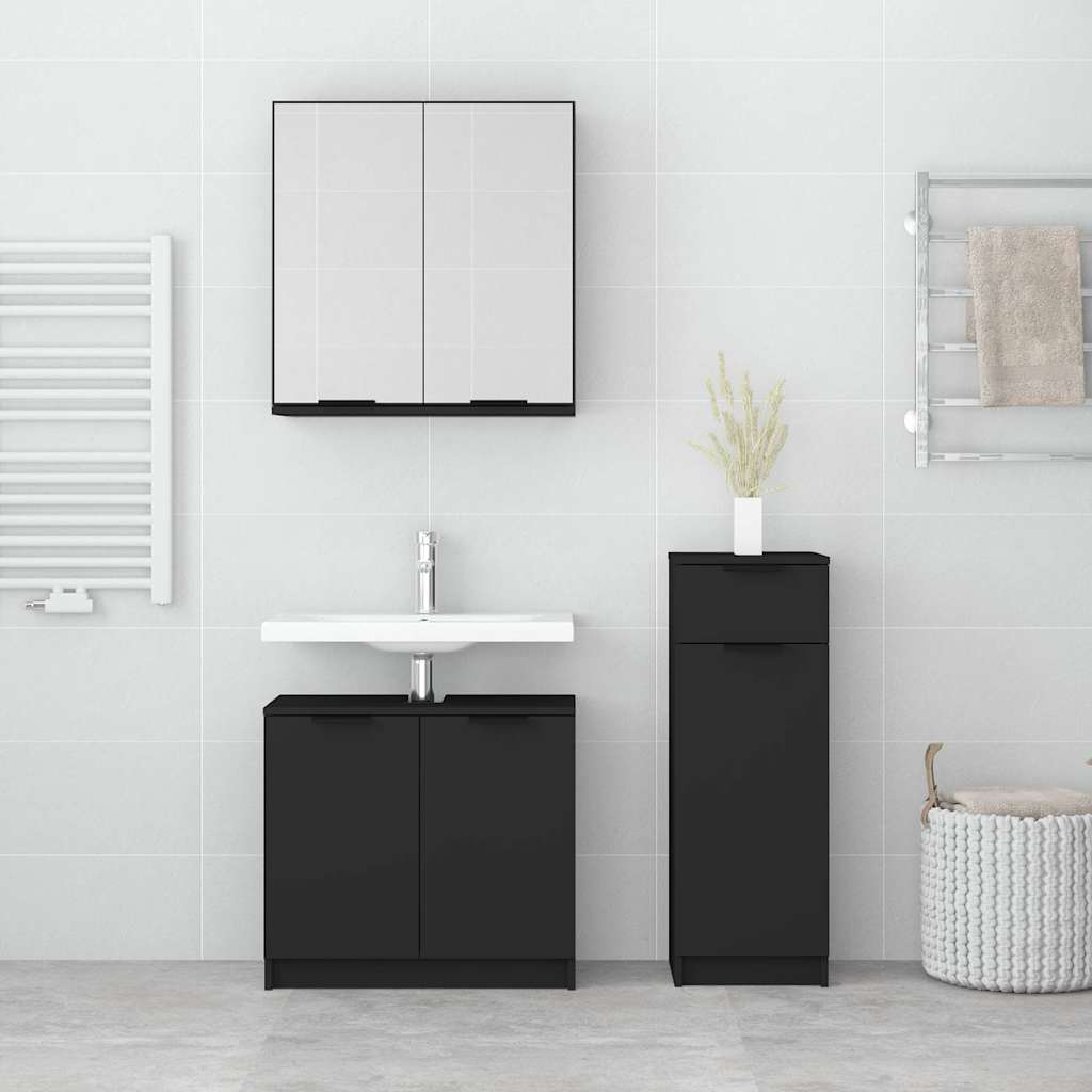 3 Piece Bathroom Cabinet Set Black Engineered Wood