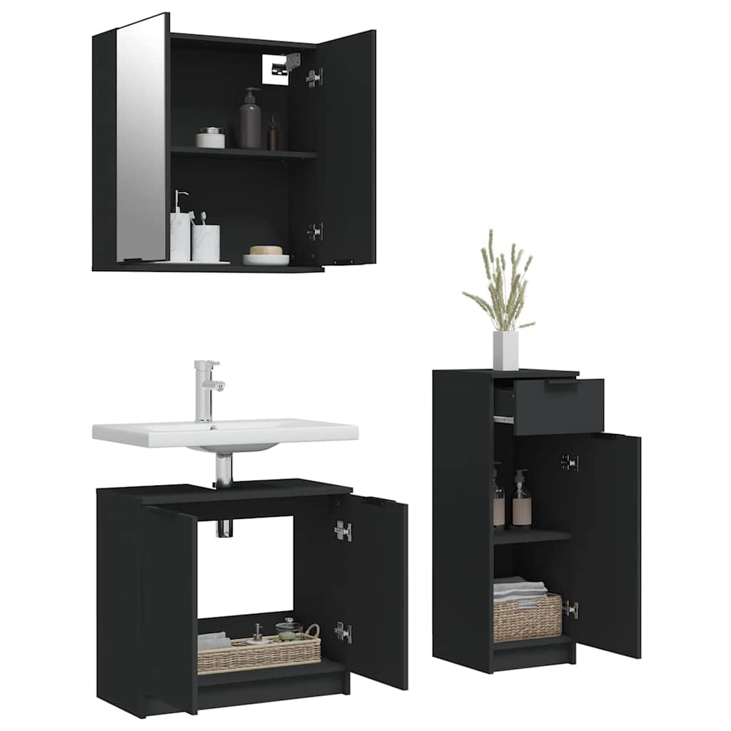 3 Piece Bathroom Cabinet Set Black Engineered Wood